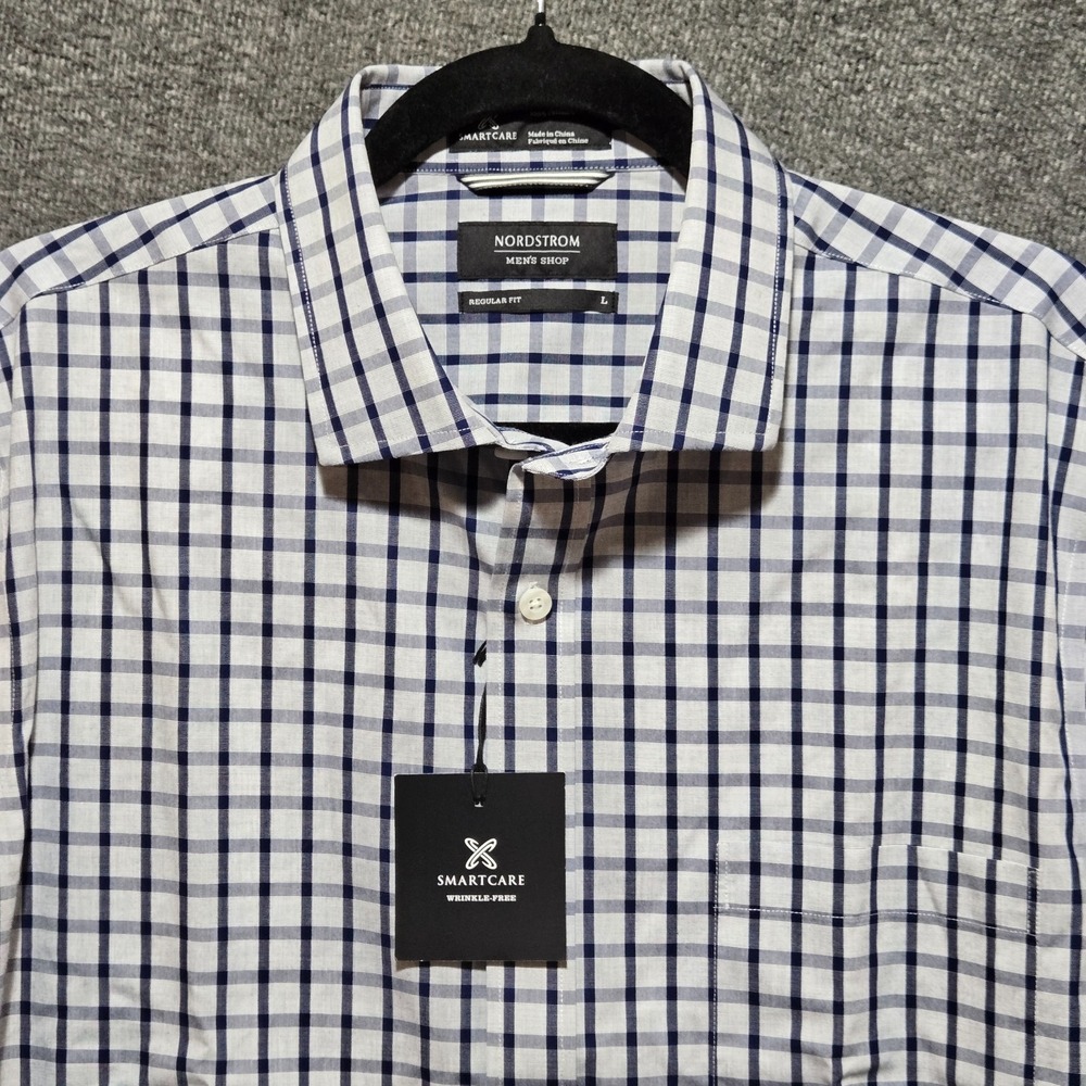 Nordstrom Button Down Shirt Mens L Gray Blue Windowpane Check  Smartcare NWT
